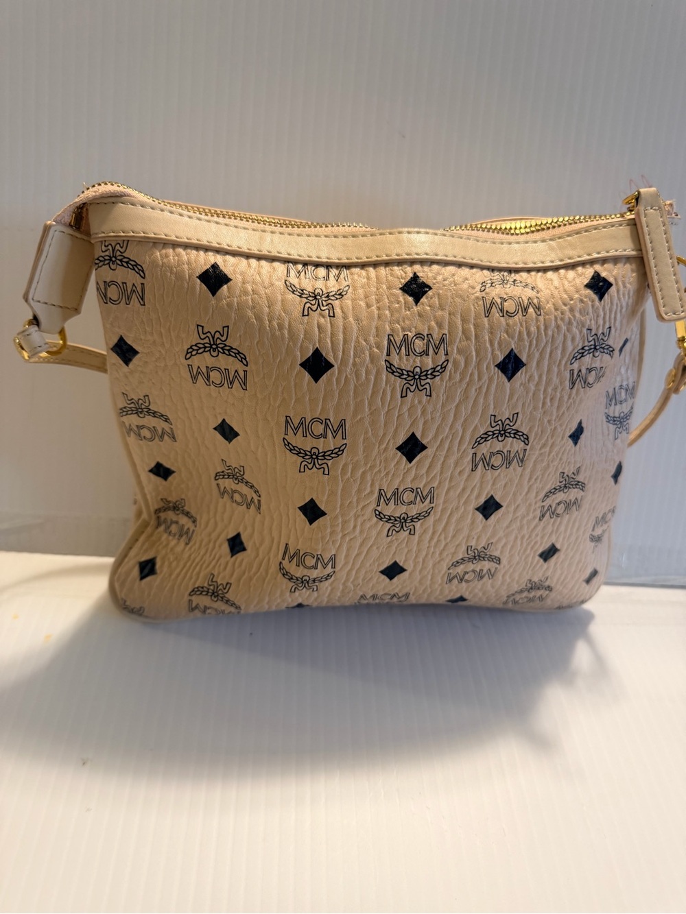 MCM Beige Logo Print Crossbody Bag with Gold Hardware - Picture 4 of 6